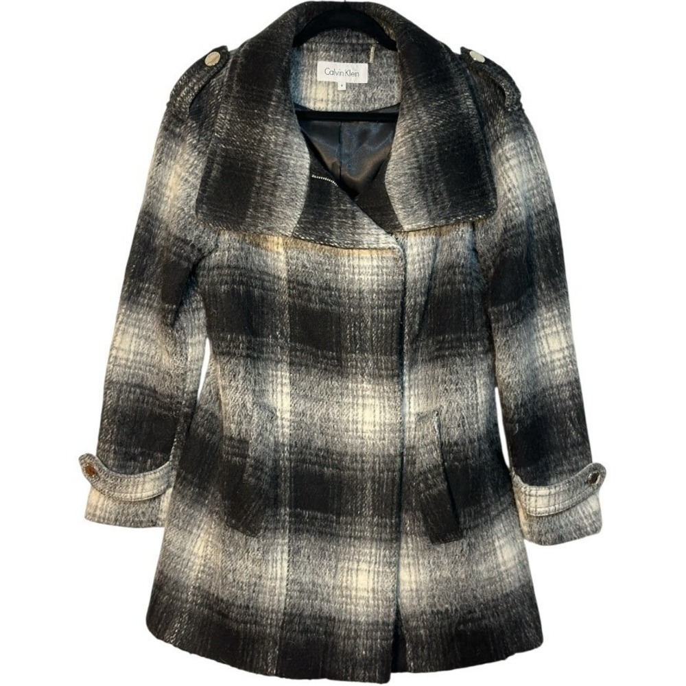 Calvin Klein Pea Coat Women Black White Ombre Plaid Wool  Zip Snap Winter 8